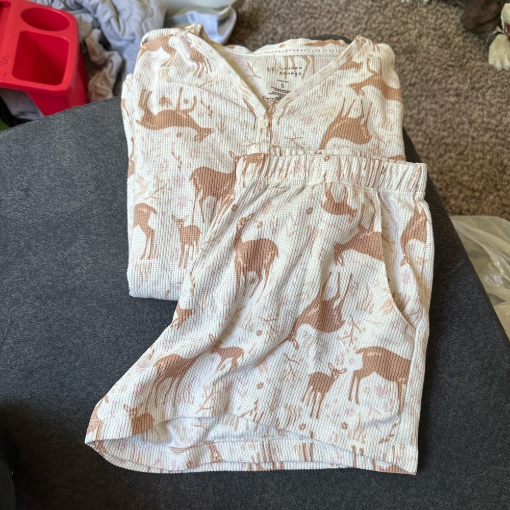 LC Lauren Conrad Cream and Beige Deer Print Pajama Set